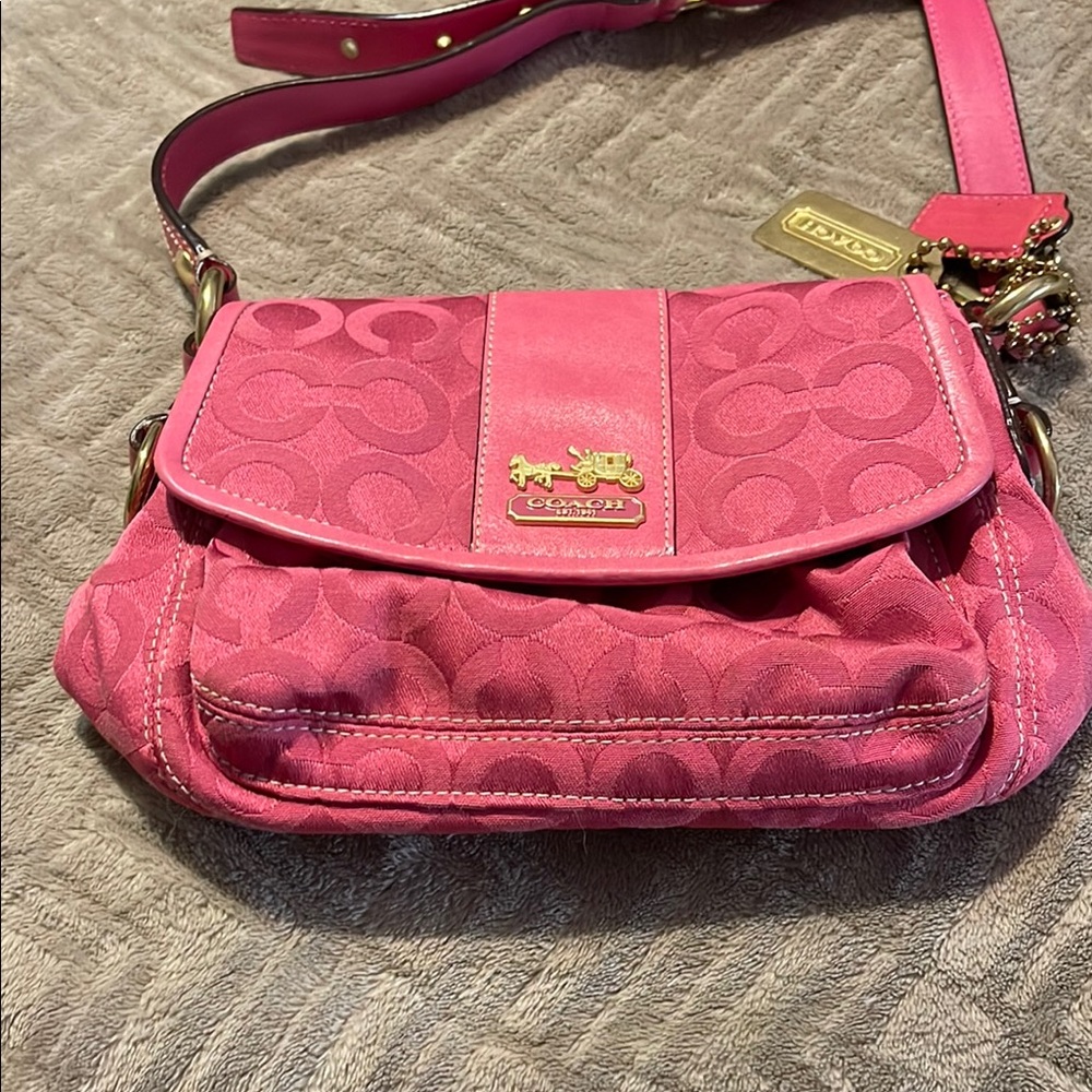 Coach Pink Crossbody Bag with Monogram Fabric and Gold Hardware